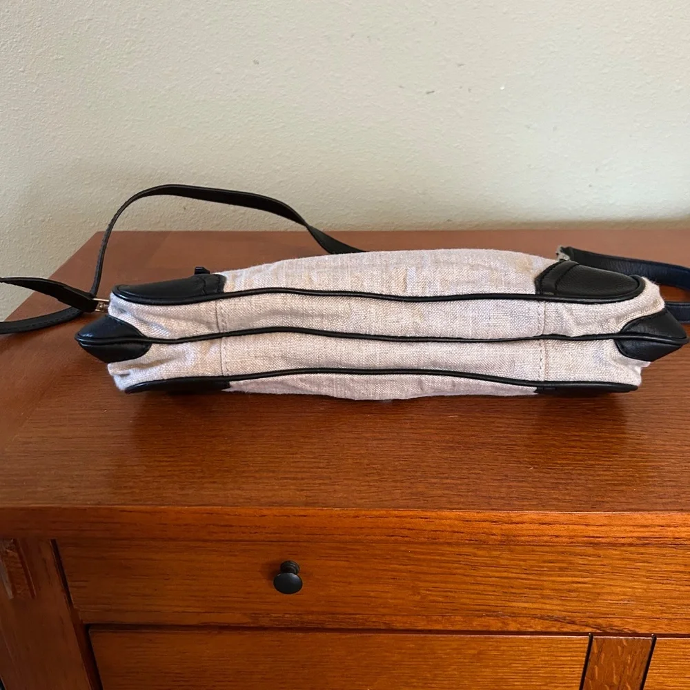 Foley & Corinna Handbag Clutch Beige Canvas Black‎ Leather Shoulder Strap Purse